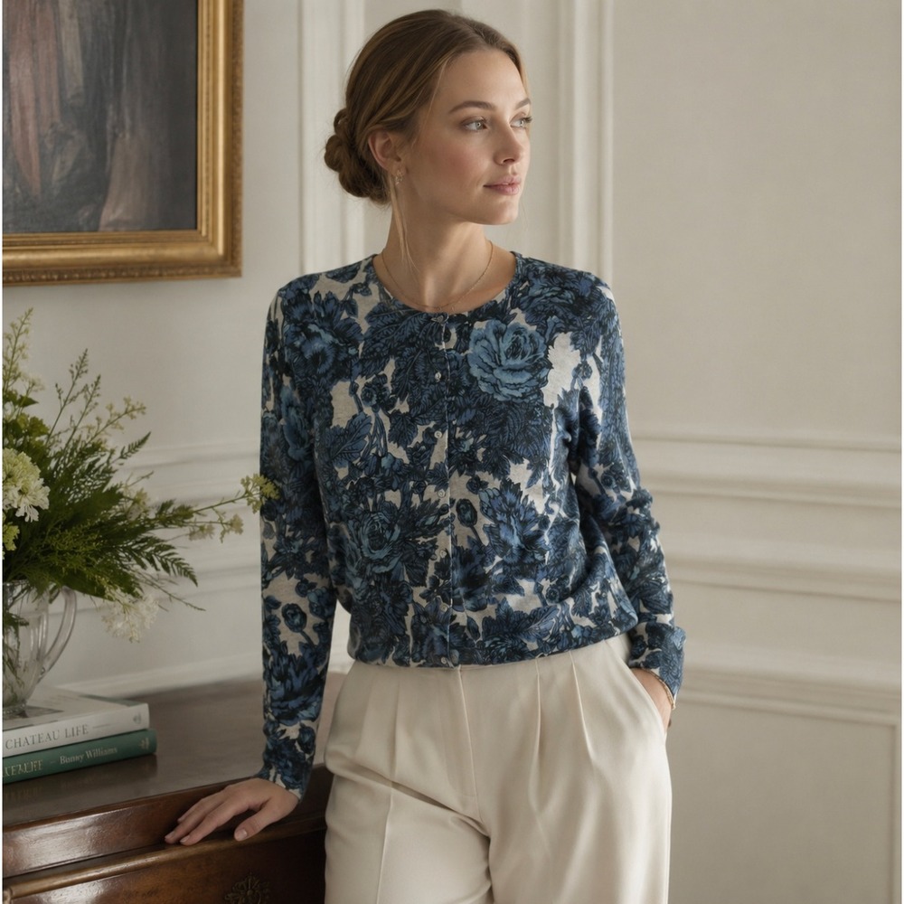 Neiman Marcus Cashmere Blue Floral Cardigan Sweater Small Quiet Luxury Preppy